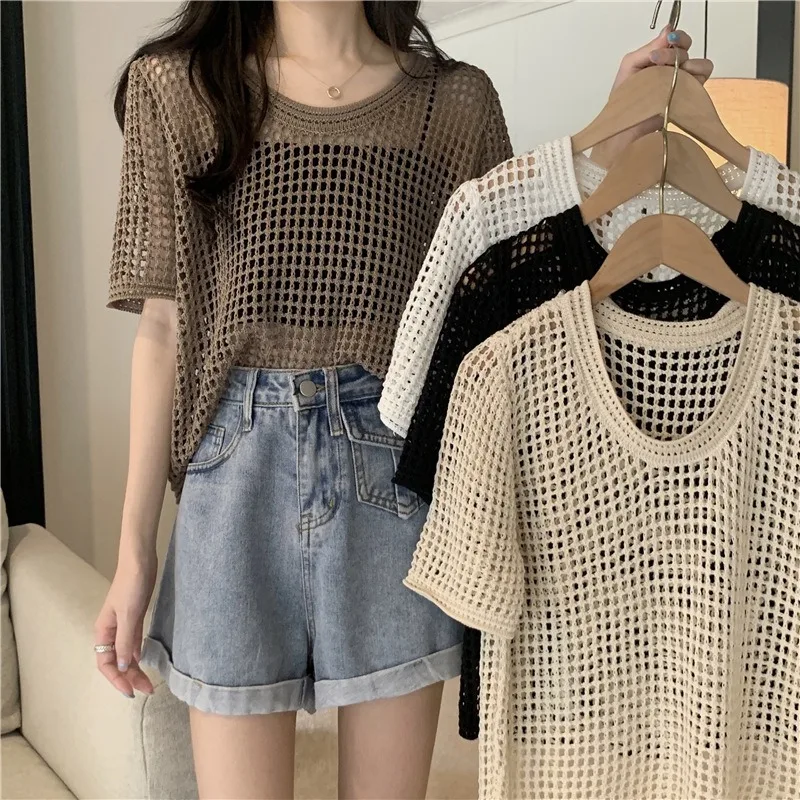 

Summer Thin Design Hollow-out Short-Sleeved Sweater Women's Clothing Niche Loose All-Matching Classic Style Smock Top Fashion