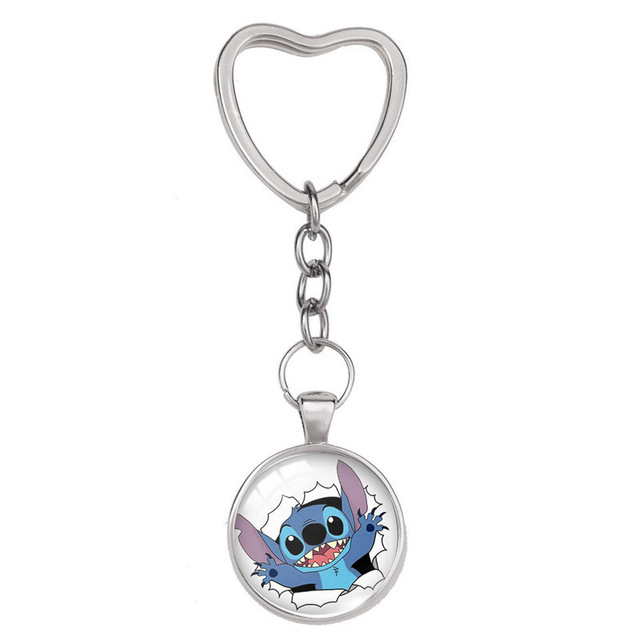 Lilo & Stitch Anime Figure Alloy Glass Heart-shaped Key Ring Key Chain Bag Accessories Children's Toys Birthday Gifts