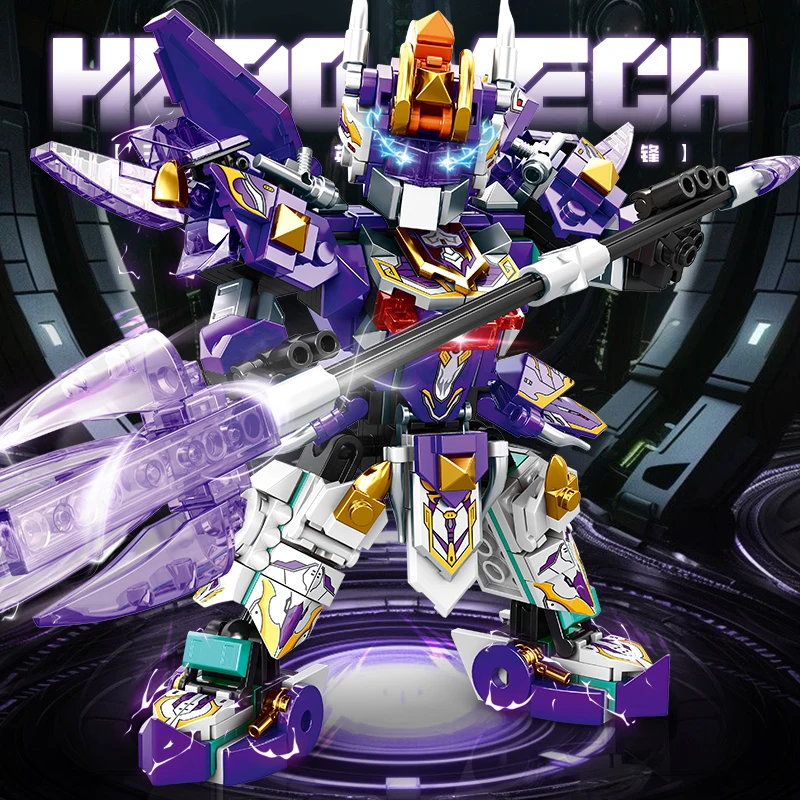 Mecha Warrior Building Blocks Super Hero Purple Robot DIY Assembly Figure Boy Bi