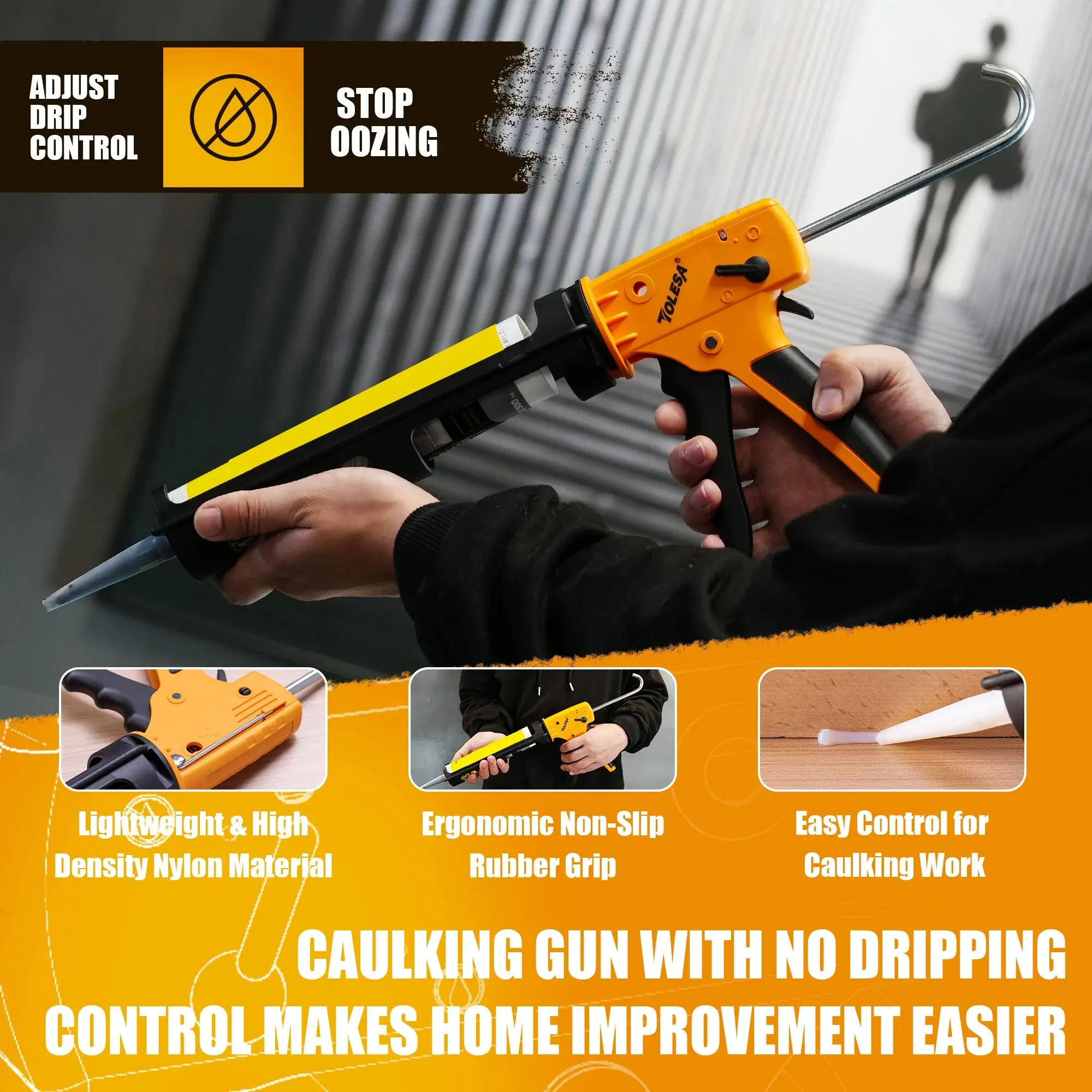 Caulking Gun TOLESA Dripless Caulking Gun Silicone Gun Kit with Comfortable Grip for Kitchen Bathroom Window High Thrust Ratio Hand Caulk