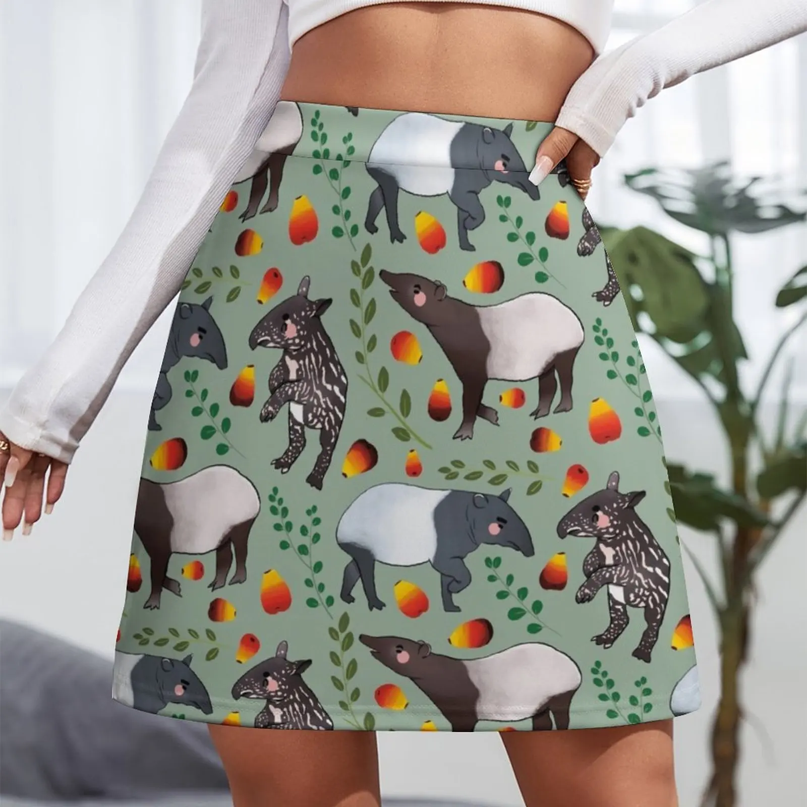 Black Tapir - Cute Black and Green Digital Illustration Animal Pattern Mini Skirt skirts summer 2024 woman Summer skirt