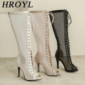 HROYL Over-the-knee Long-tube Ladies Dance Boots Sexy Lace Hollow Mesh Dance Boots Breathable Black Prom Dance Shoes Woman/Girls 1