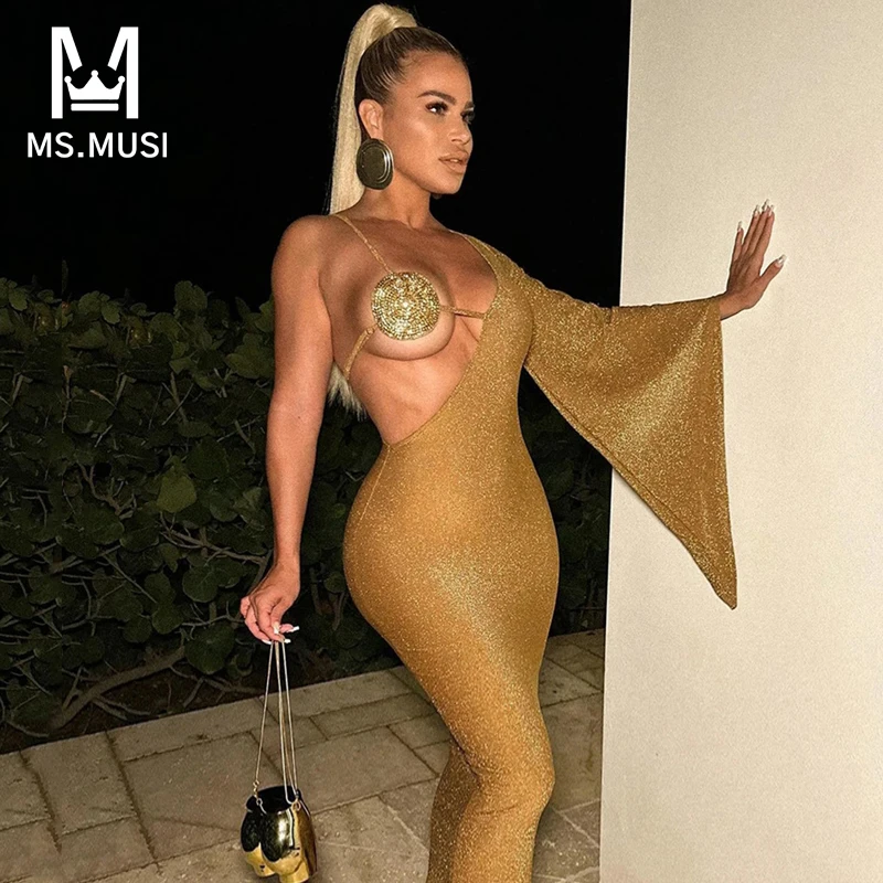 

MSMUSI 2024 New Fashion Women Sexy One Shoulder Halter Diamond Crystal Hollow Out Backless Bandage Party Club Bodycon Midi Dress