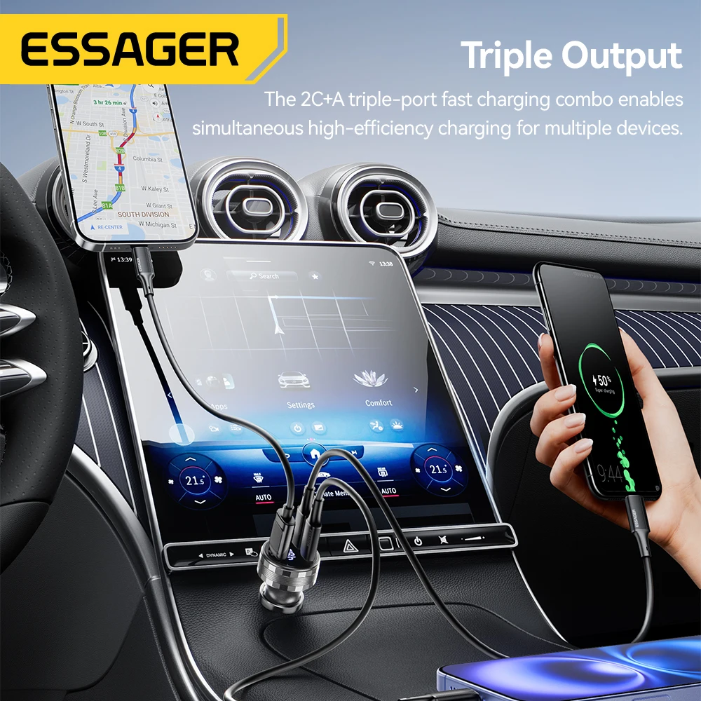 Essager 108W 3Ports USB Car Charger Digital Dispaly PD3.0 Fast Charging Quick Charge 3.0 Adapter for iPhone 16 15 Xiaomi Samsung