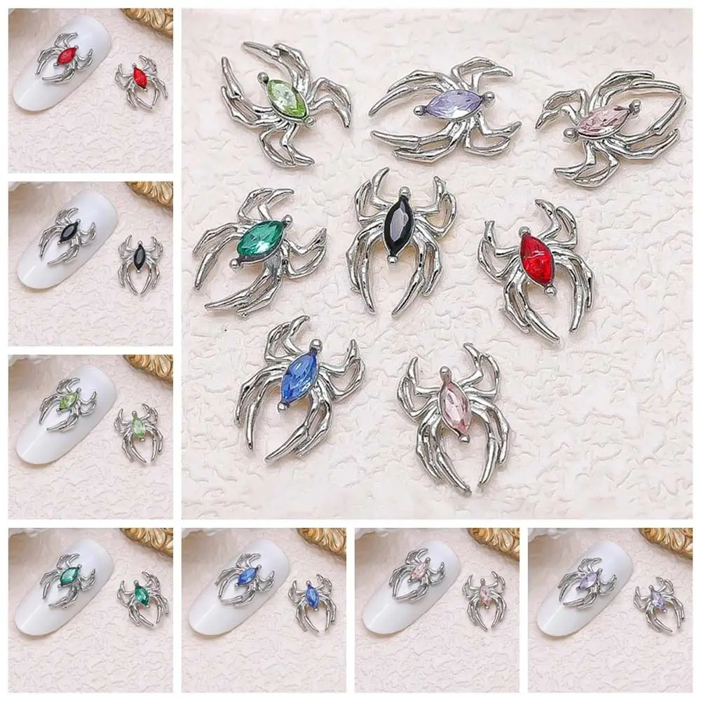 5pcs Silver Spider Figure Nail Charms Halloween Design Metal Nail Parts Crystal Nail Art Decor for Manicure DIY Nail Accessories