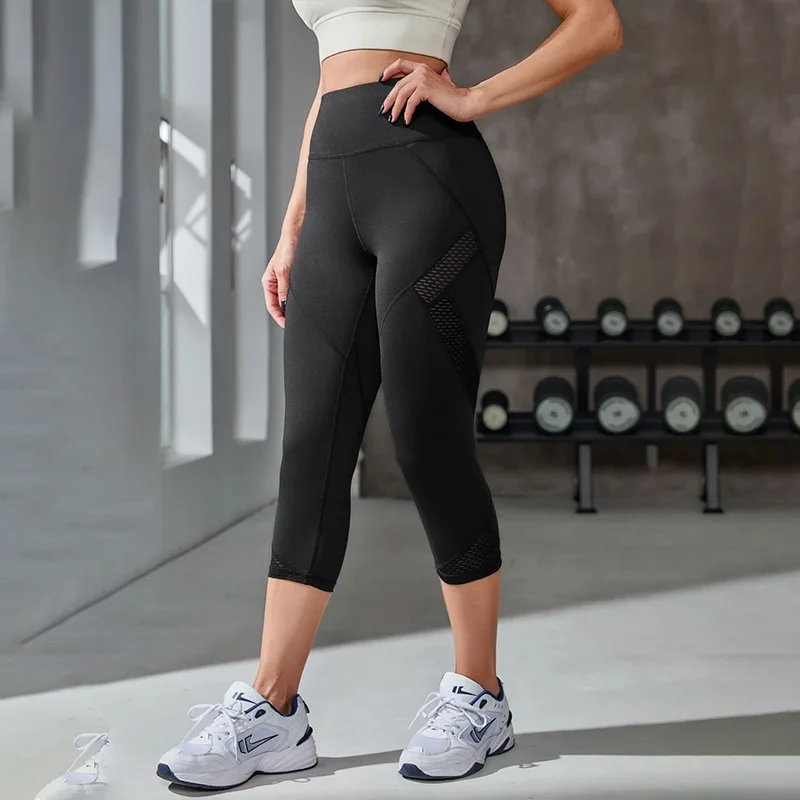 Mesh High Waist Yoga Pants Capri Leggings Women Tummy Control Workout Capri Leggings Women
