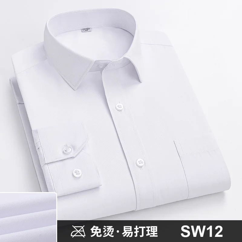 Men Formal Shirt Long Sleeve Office Solid Color Striped Anti-Wrinkle Non-ironing Fashion Business Pocket White Social Shirt 4XL