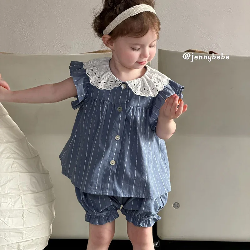 2026 새로운 여름 1-4Yrs   소녀 옷 정장 플라잉 슬리브 코튼 셔츠 + 반바지   소녀 의류 세트
