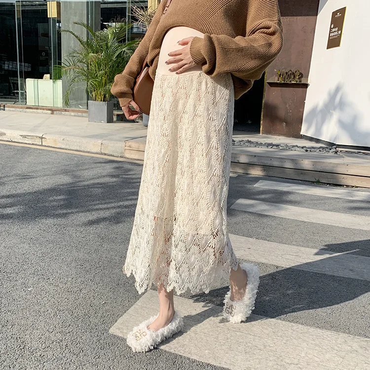New Spring Autumn Chic Lace Maternity Skirts High Waist Adjustable Belly Clothes For Pregnant Women Korean Pregnancy Skirts