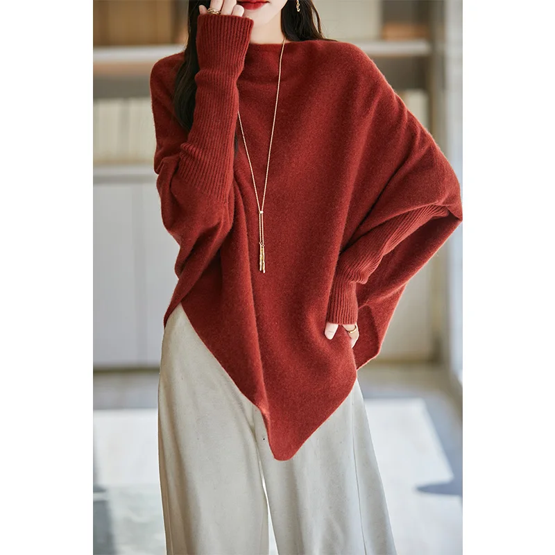 Ladies' temperament, triangular shawl, cashmere knit, one cut neck, solid color cape style, winter fashion, warm and cozy outfit 5