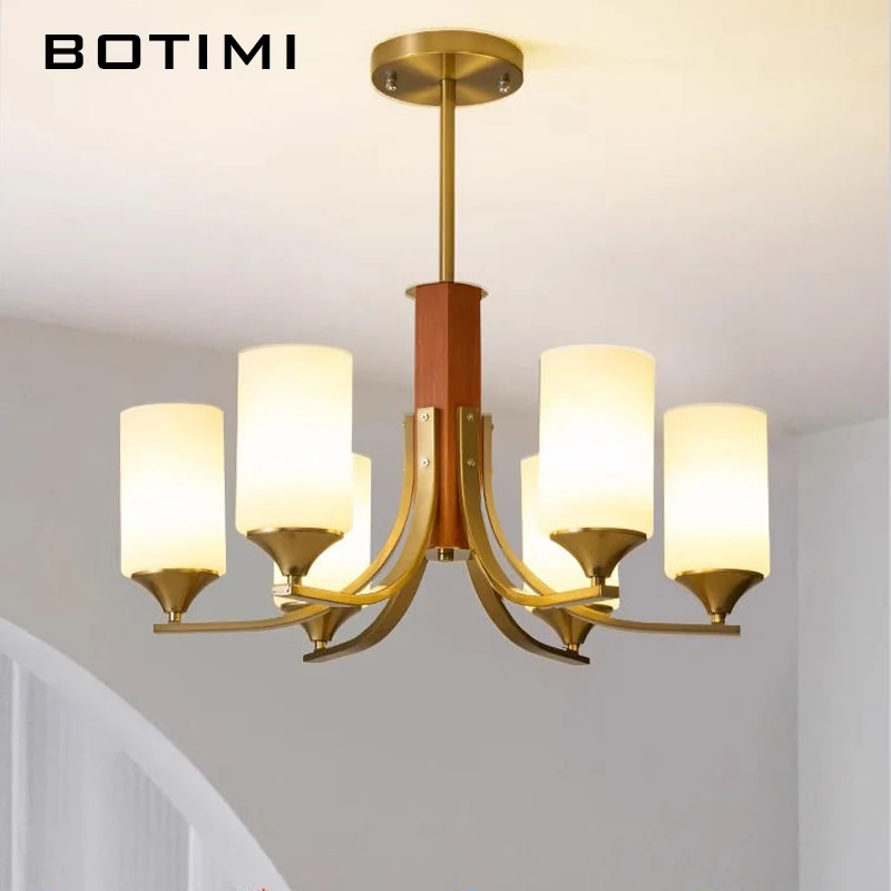 BOTIMI Retro Chandelier With 3 6 Glass Lampshades For Living Room Solid wood Bedroom Lustre Wooden Bedroom Lighting Fixtures