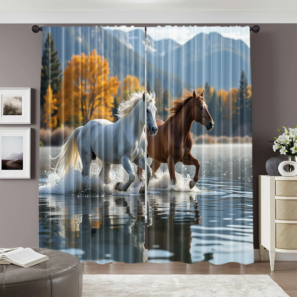 2pcs, spring summer Curtains Two Horses Semi-Sheer Curtains Versatile Polyester Fabric Decorations Perfect for Bedroom, Office, 2