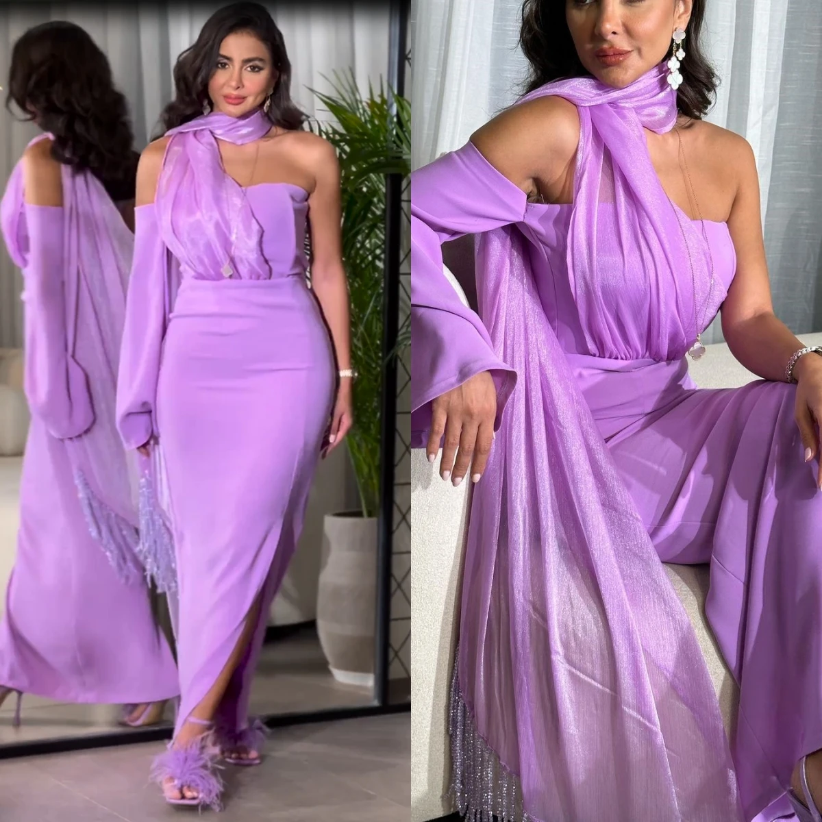 

Shiny Purple One-Shoulder Prom Dresses Side Split Beads Tassels Cape Long Sleeve Formal Occasion Evening Dresses Party Gown