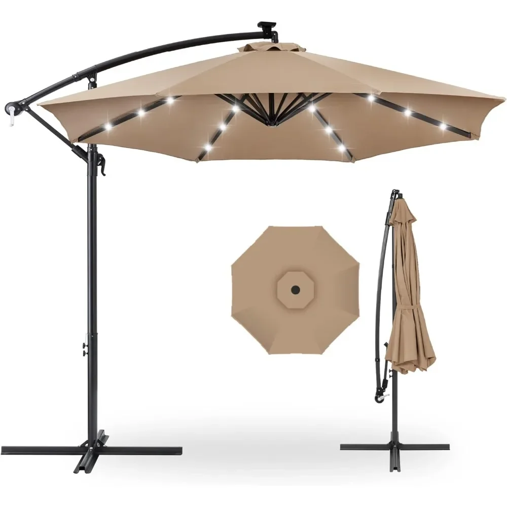 

Patio Umbrella, 10ft Solar LED Offset Hanging Market Patio Umbrellas W/Easy Tilt Adjustment, 8 Ribs, Patio Umbrella