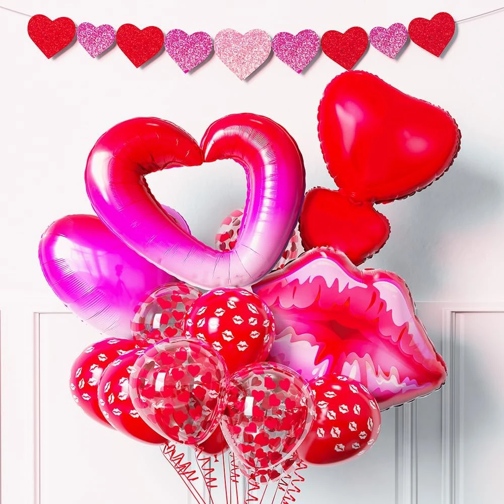 

Valentines Day Red Heart Confetti Balloon Set I Love You Kiss Lip Hollow Bear Foil Helium Bal Wedding Bridal Birthday Party Deco