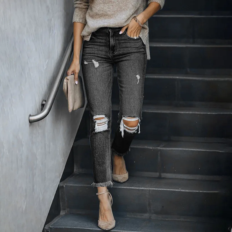 

Trend Stretch Women's Jeans Blue Hight Waist Streetwear Ripped Casual Fashion 2023 spring Denim Pencil Pants