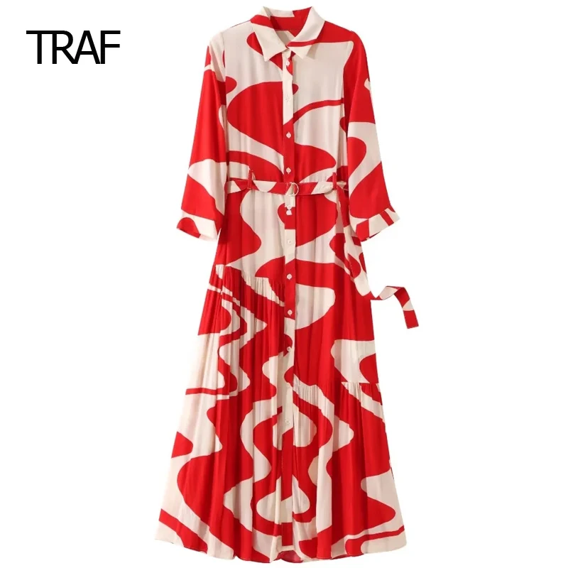 

TRAF Midi Print Dress Womens Dresses Summer 2024 Lapel Collar Long Sleeve Belt Dress Elegant Party Dresses Women Holiday Dress