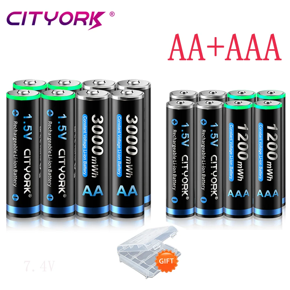 1.5V AA 3000mWh Rechargeable Li-ion Battery + AAA 900mWh Lithium Battery for Flashlight Remote Control Toys Clocks Radios MP3