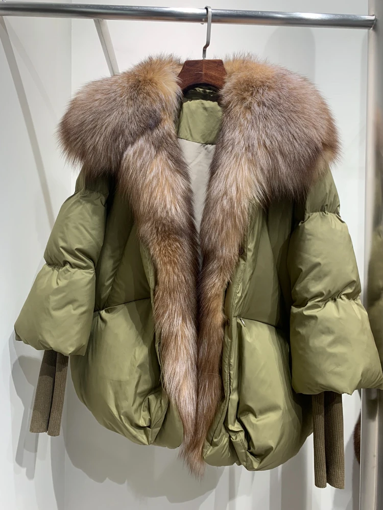 

MENINA BONITA 2023 Winter Women Coat Duck Down Jacket Super Large Real Silver Fox Fur Collar with Knit Sleeve Fashion Outerwear