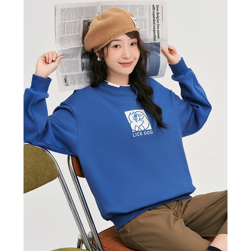 Toyouth Women Fake Two Piece Sweatshirts 2022 Autumn Long Sleeve O Neck Loose Hoodies Dog Print Klein Blue Streetwear Pullover