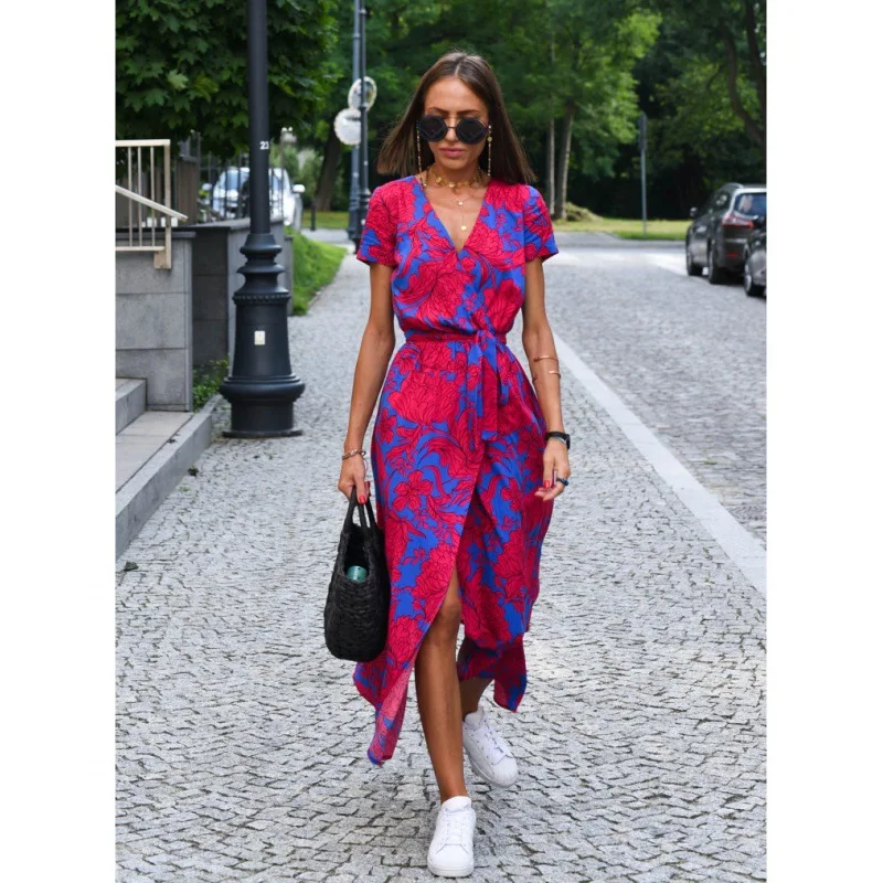 

Cross border European and American women's clothing, fashionable and sexy, high-quality summer new V-neck printed lace up dress