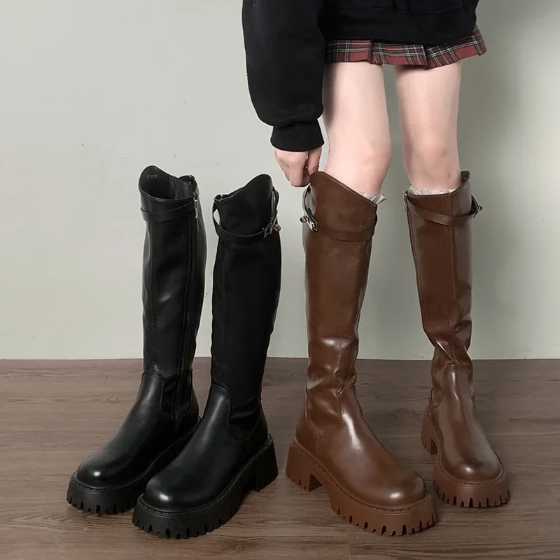 

Зимние женские рыцарские сапоги, модные женские элегантные сапоги с пряжкой и ремешком, длинные сапоги на квадратном каблуке, женские сапоги до колена в уличном стиле