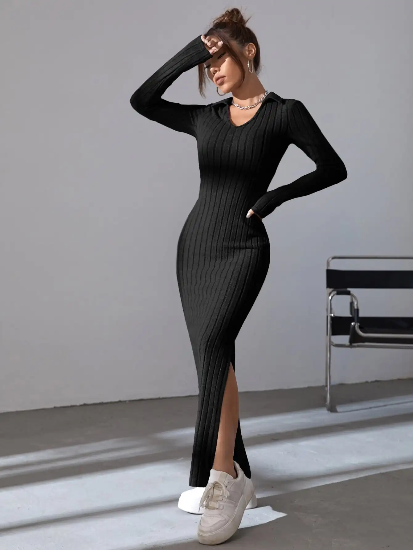Black Temperament Pit Strip Slimming Dress Autumn/Winter Casual Waist Wrap With Hip V-neck Knit Dress 5
