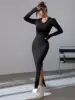 Black Temperament Pit Strip Slimming Dress Autumn/Winter Casual Waist Wrap With Hip V-neck Knit Dress 5