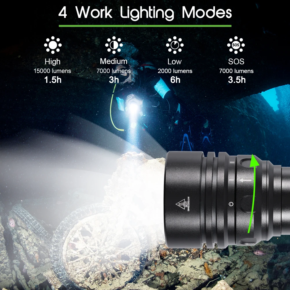 APLOS AP70 Lampe Plongée 6000 Lumens - Vidéo Sous-Marine 135° - 5 Modes (UV, Rouge) - Étanche 100m