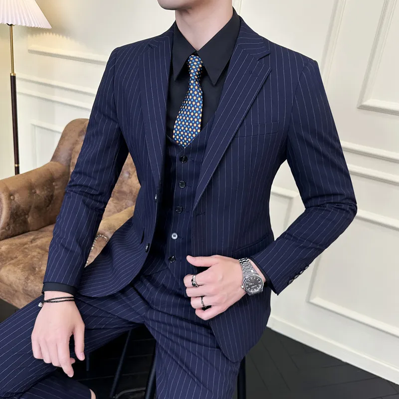 

High-end Half Horse Lined Double Breasted (suit + Vest + Trousers) Fashion Boutique Handsome Vertical Stripe Suit Groom 3 Sets