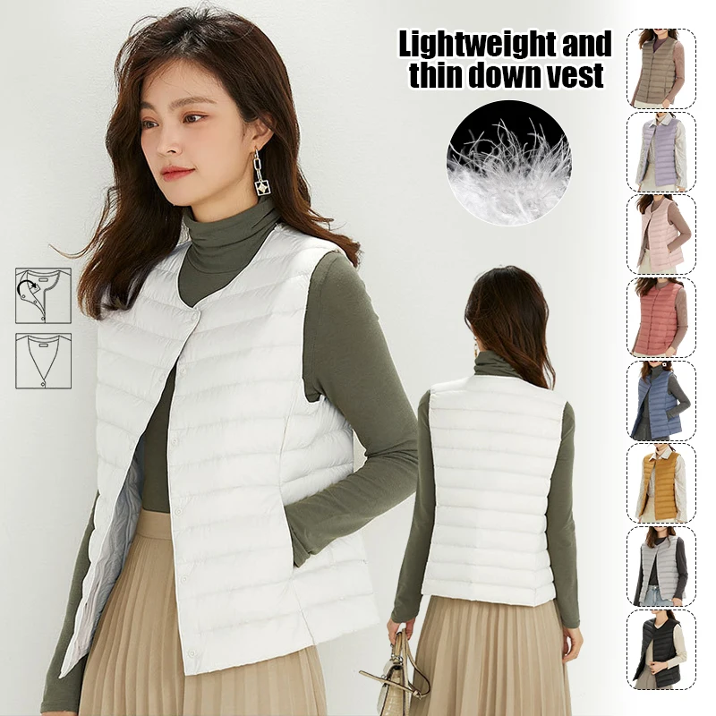 Women New Plus Size Slim Sleeveless Puffer Jacket Spring Winter 90% White Duck Down Lightweight Packable Warm Down Liner Vest
