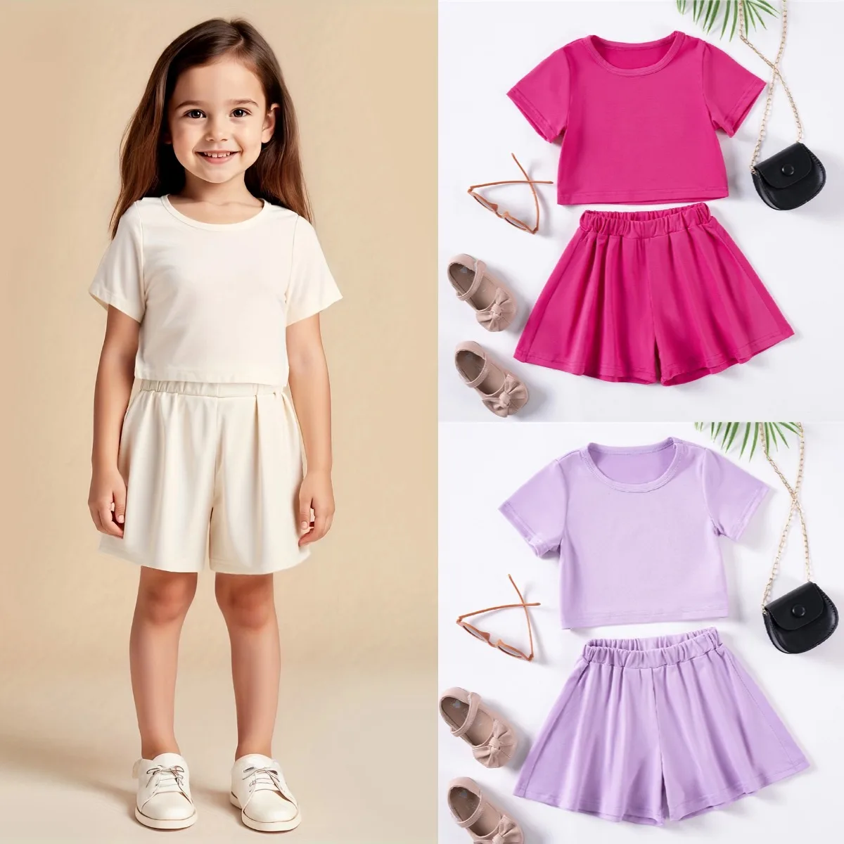 Sommer Mädchen Mode Anzug Fliegen Sleeve Kurzarm Kurzen Rock Mädchen Zwei Stück Einfarbig Nette Süße Sommer Anzug