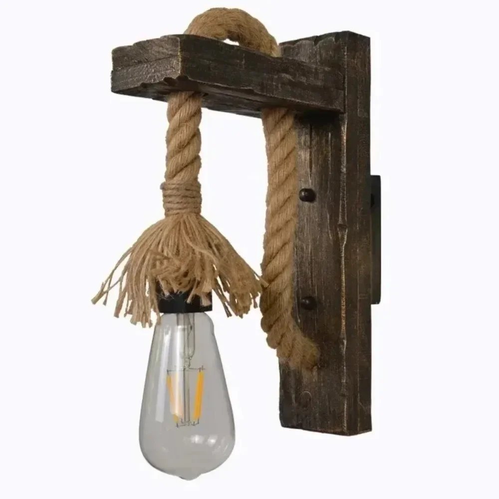 Retro Natural Wood Hemp Rope Wall Light Retro Industrial Wall Pendant Lamp for Bar Bedside Restaurant Bedroom Coffee American
