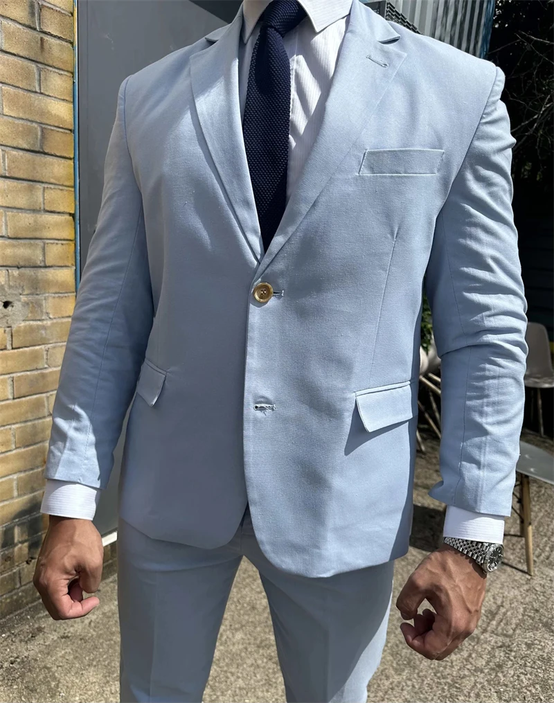 Sky Blue Linen Men Suits Outdoors Summer Party Wedding Groom Tuxedo 3 Pcs Male Fashion Jacket Vest Pants