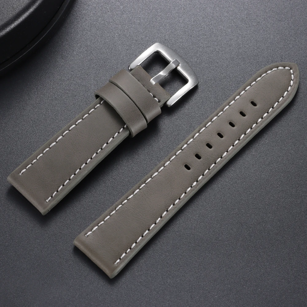 Stitched Brown Genuine Leather Sports Watch Band with Steel Clasp