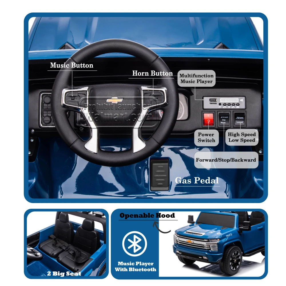 Blue, 24V 2 Seater Kids Electric Car, 4WDmotors, with 2.4G Remote Control, Metal Suspension, Music, LED Light, Toy Gift