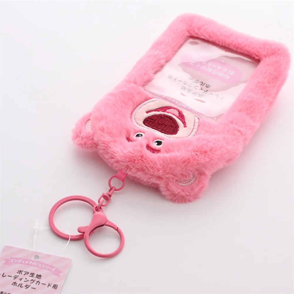 Kawaii Cartoon Plush Disney Stitch Strawberry Bear 3-Inch Cards Holder Cute Girl Idol Photo Storage Card Holder Pendant Keychain
