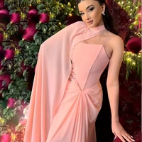 SWEMILE Pink Pleat Mermaid Evening Dresses with One Shoulder Cape Woman Wedding Arabic Chiffon Prom Gown فساتين Customized 1