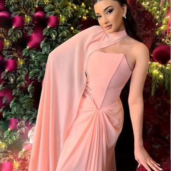 SWEMILE Pink Pleat Mermaid Evening Dresses with One Shoulder Cape Woman Wedding Arabic Chiffon Prom Gown فساتين Customized 1