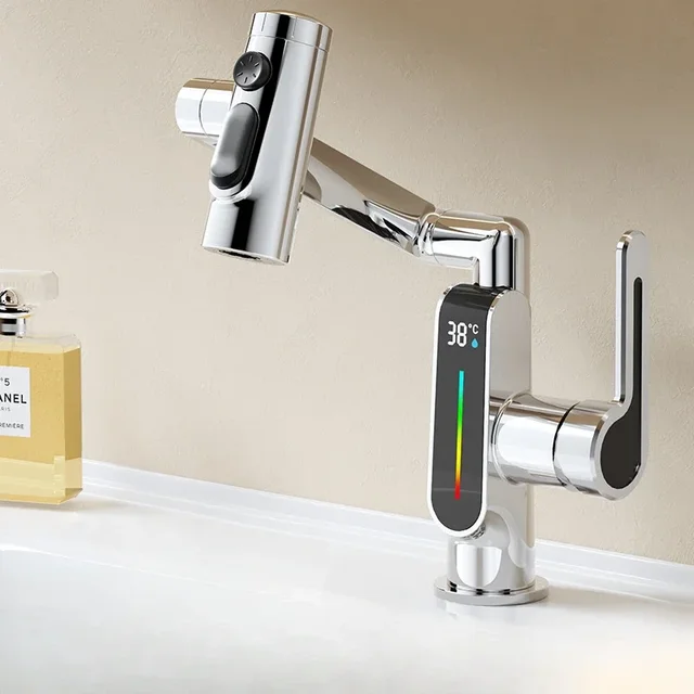 360 degree rotating faucet with universal digital display washbasin bathroom hot and cold multifunctional mechanical arm faucet 7