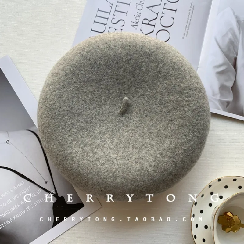 Autumn and Winter Milk White Woolen Three Dimensional Beret British Retro Dark Gray Painters Hat Han Beilei Hat Womens Black