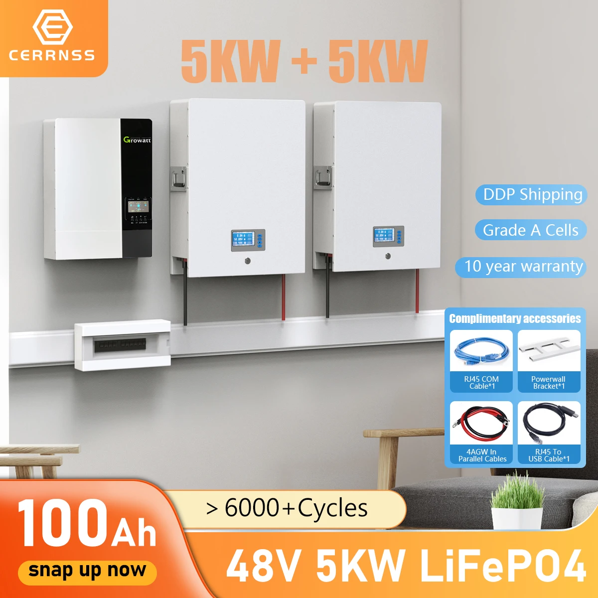 

CERRNSS 48V 100Ah LiFePO4 Lithium Battery Built-in 100A BMS And Grade A Cells Max. 4800W Load Power 6000+ Cycles For Solar Home