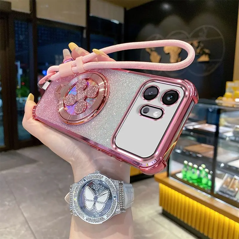 Gradient Glitter Electroplated Phone Case with Hand Strap