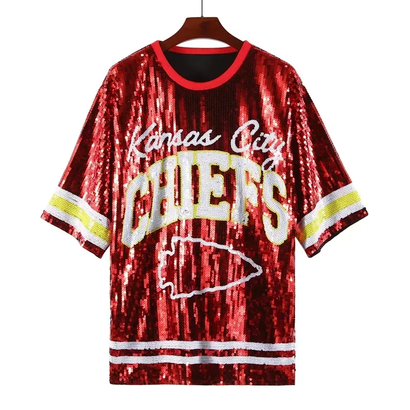 Summer Short Sleeve Loose Geometry Letter Women's Wear Sequins Streetwear Night Club Hip Hop Straight T-Shirt sports shirt printed t shirt