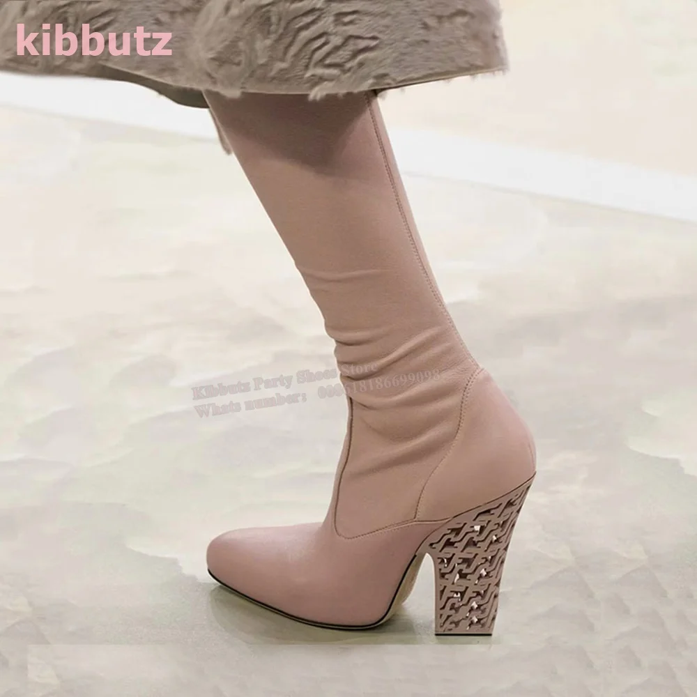 

Pink Knee High Boots Hollow Square Heel Round Toe Side Zipper Stretchy Genuine Leather Solid Color Fashion Runway Show Sexy Shoe