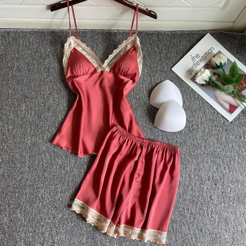 

Sexy Lady Home Clothing Intimate Lingerie Lace Satin Patchwork 2PCS Pajamas Suit Summer New Sleep Set Homewear Casual Pyjamas