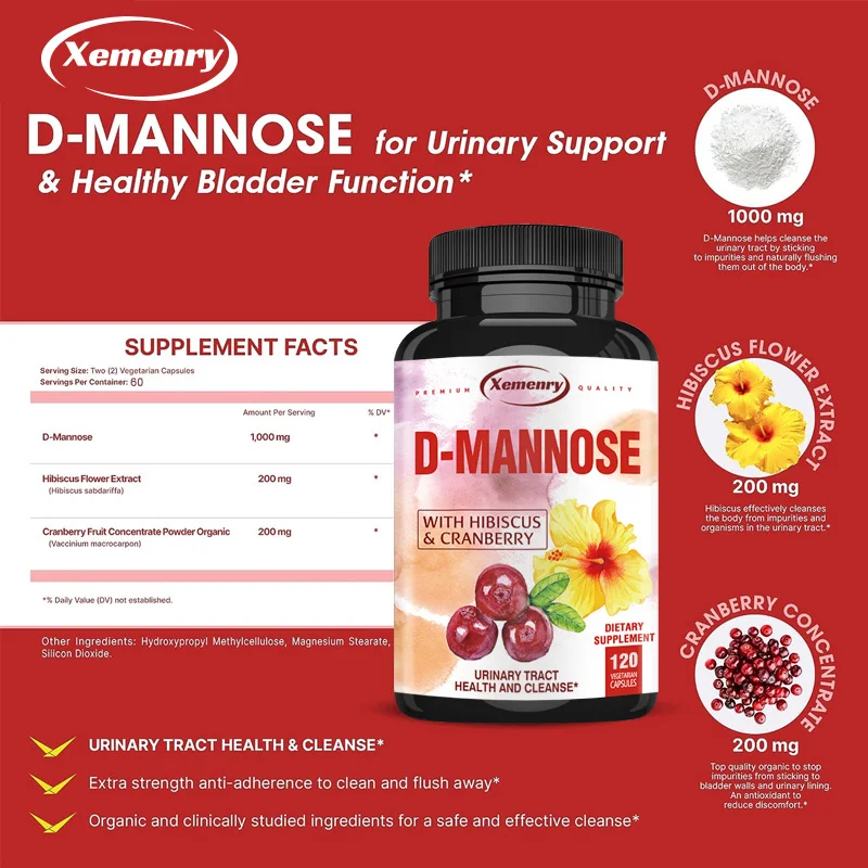 Mannose Capsules Urinary Tract Health Formula Organic Cranberry Fruit Powder Hibiscus Healthy Bladder Rapid Detoxification