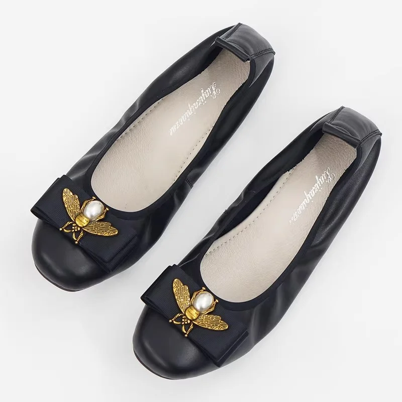 

Classic Shallow Mouth Ballet Flats Shoes Women Basic 2024 New Genuine Leather Bow Round Ballet Shoes Fashion Loafers Women Shoes