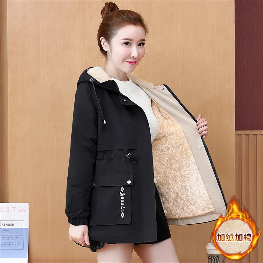 

Black Fleece Liner Casual Parka Korean Hooded Plush Winter Jacket Women Windproof Wool Thick Outerwear Loose Zipper Warm Casaco