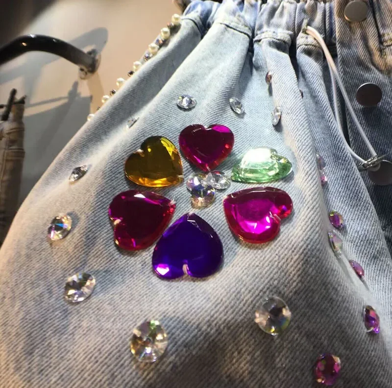 Booty Shorts 2023 Summer New Heavy Handmade Peach Heart Colorful Crystals Sequin Bead High Waist Slimming Wide-Leg Denim Shorts